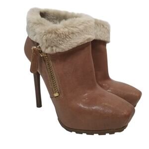 Guess Women's Ivorie Leather Faux Fur Trim Stiletto Heel Ankle Boots Brown 5.5